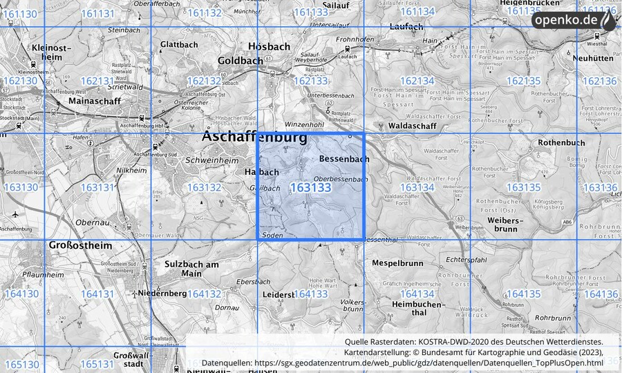 Übersichtskarte des KOSTRA-DWD-2020-Rasterfeldes Nr. 163133