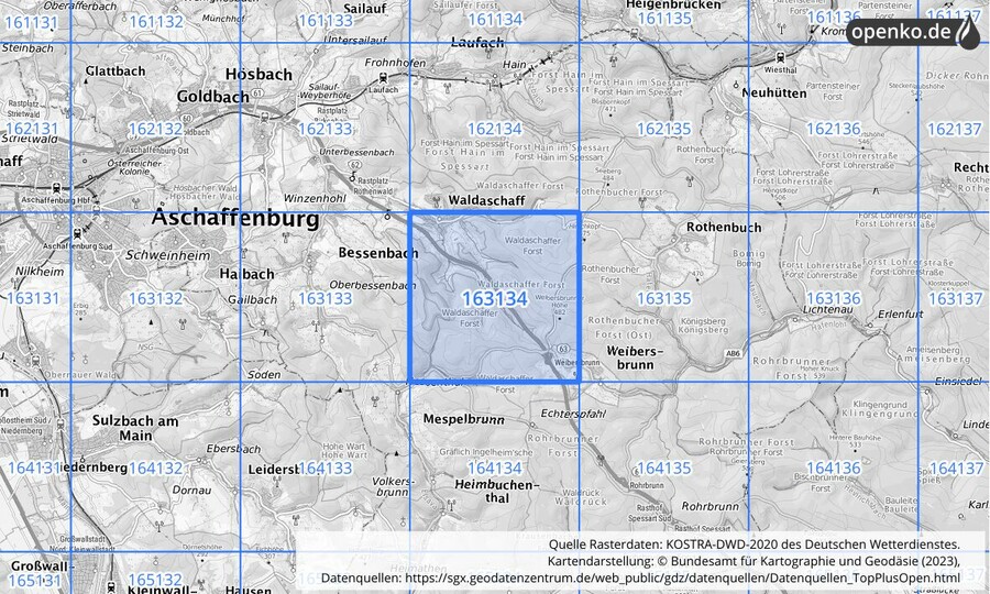 Übersichtskarte des KOSTRA-DWD-2020-Rasterfeldes Nr. 163134