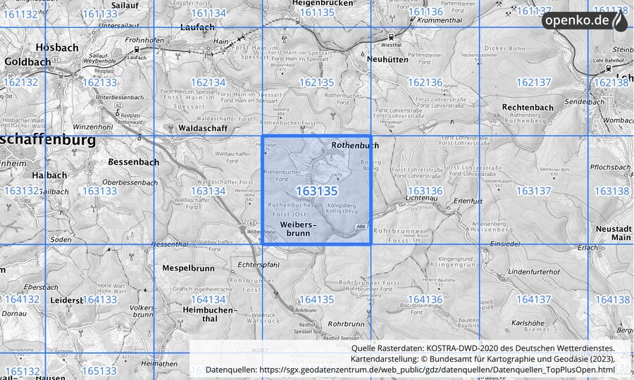 Übersichtskarte des KOSTRA-DWD-2020-Rasterfeldes Nr. 163135