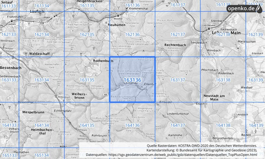 Übersichtskarte des KOSTRA-DWD-2020-Rasterfeldes Nr. 163136