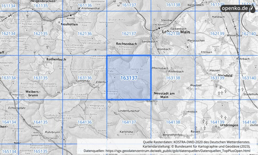 Übersichtskarte des KOSTRA-DWD-2020-Rasterfeldes Nr. 163137