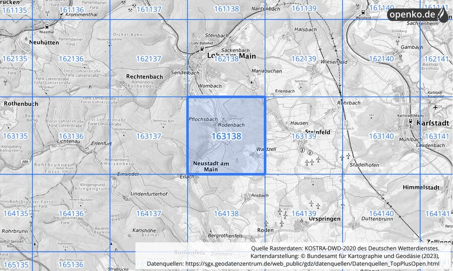Übersichtskarte des KOSTRA-DWD-2020-Rasterfeldes Nr. 163138