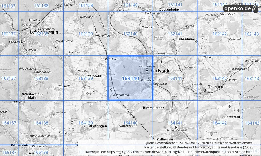 Übersichtskarte des KOSTRA-DWD-2020-Rasterfeldes Nr. 163140