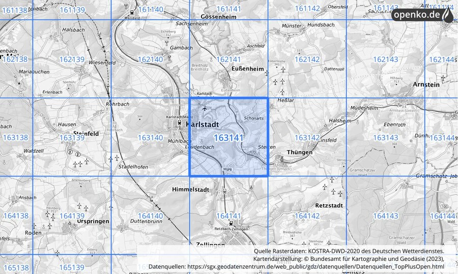 Übersichtskarte des KOSTRA-DWD-2020-Rasterfeldes Nr. 163141