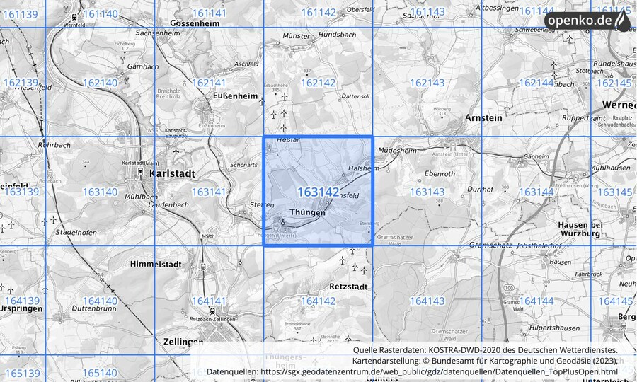 Übersichtskarte des KOSTRA-DWD-2020-Rasterfeldes Nr. 163142
