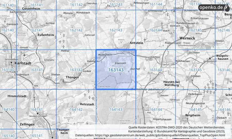 Übersichtskarte des KOSTRA-DWD-2020-Rasterfeldes Nr. 163143