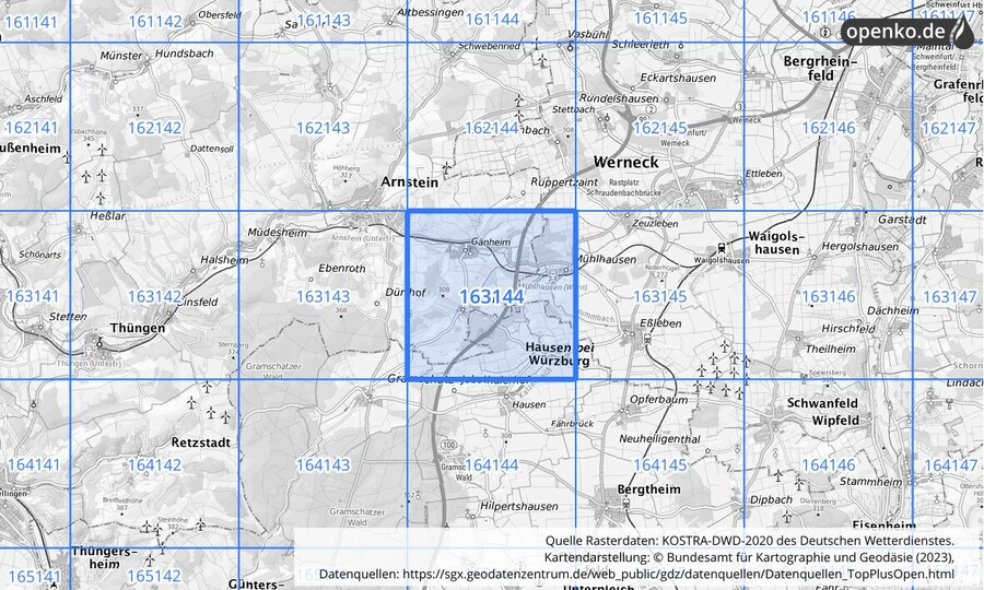 Übersichtskarte des KOSTRA-DWD-2020-Rasterfeldes Nr. 163144