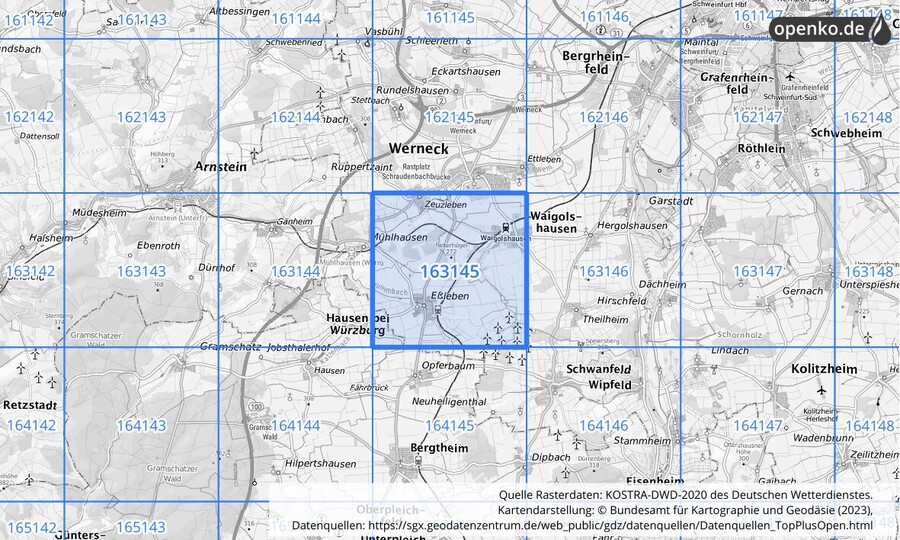 Übersichtskarte des KOSTRA-DWD-2020-Rasterfeldes Nr. 163145