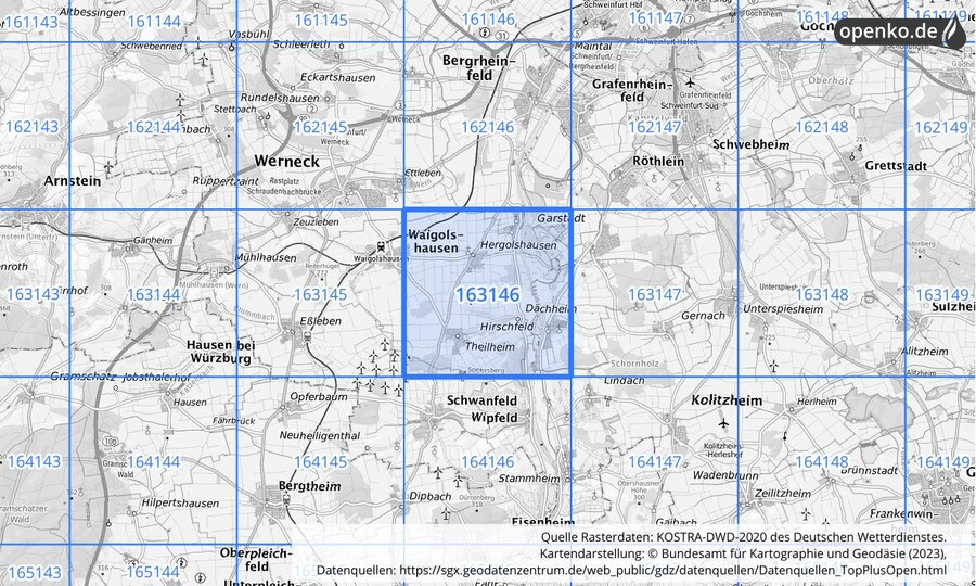 Übersichtskarte des KOSTRA-DWD-2020-Rasterfeldes Nr. 163146