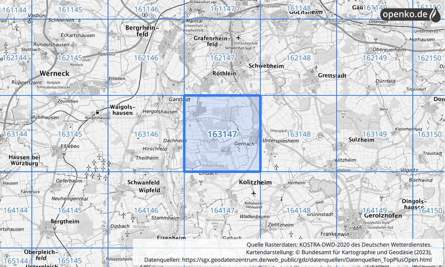 Übersichtskarte des KOSTRA-DWD-2020-Rasterfeldes Nr. 163147