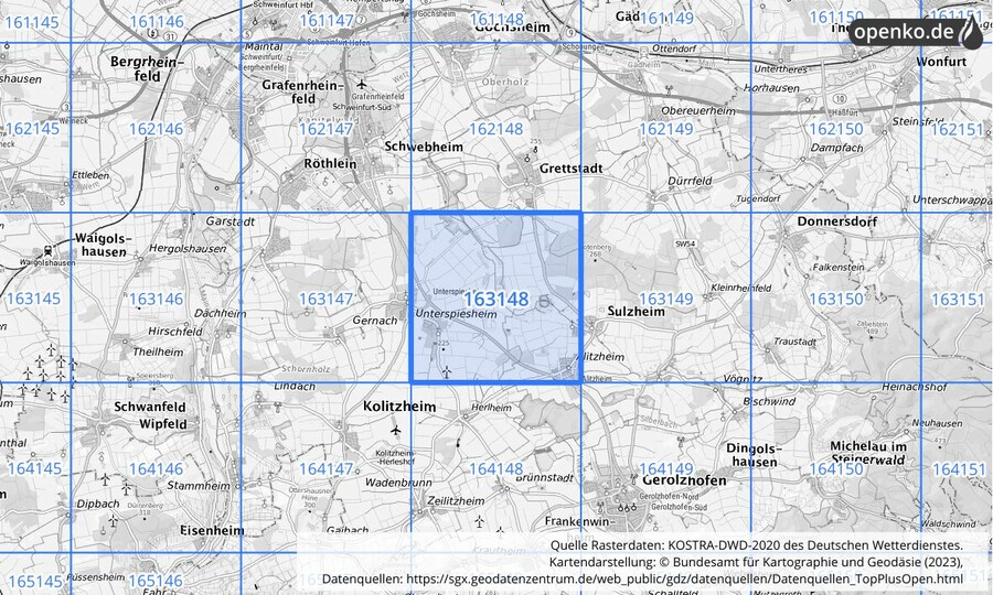 Übersichtskarte des KOSTRA-DWD-2020-Rasterfeldes Nr. 163148