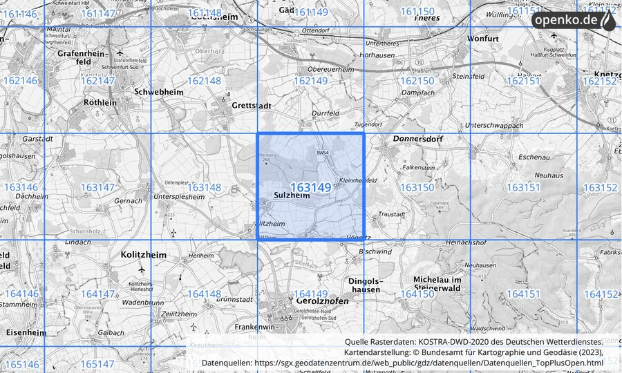 Übersichtskarte des KOSTRA-DWD-2020-Rasterfeldes Nr. 163149