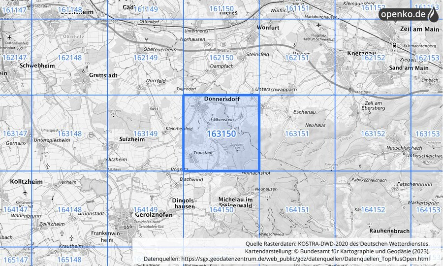 Übersichtskarte des KOSTRA-DWD-2020-Rasterfeldes Nr. 163150