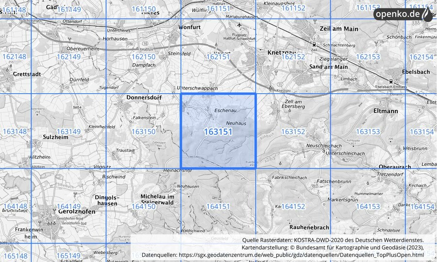 Übersichtskarte des KOSTRA-DWD-2020-Rasterfeldes Nr. 163151