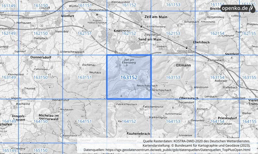 Übersichtskarte des KOSTRA-DWD-2020-Rasterfeldes Nr. 163152