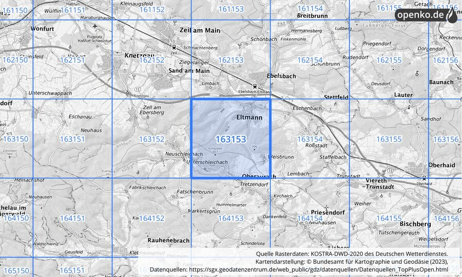 Übersichtskarte des KOSTRA-DWD-2020-Rasterfeldes Nr. 163153