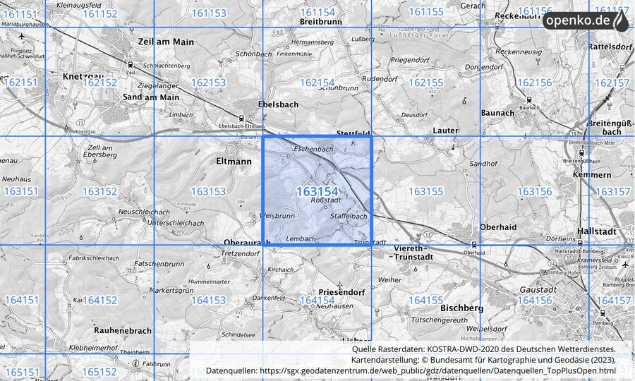 Übersichtskarte des KOSTRA-DWD-2020-Rasterfeldes Nr. 163154