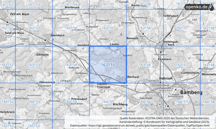 Übersichtskarte des KOSTRA-DWD-2020-Rasterfeldes Nr. 163155