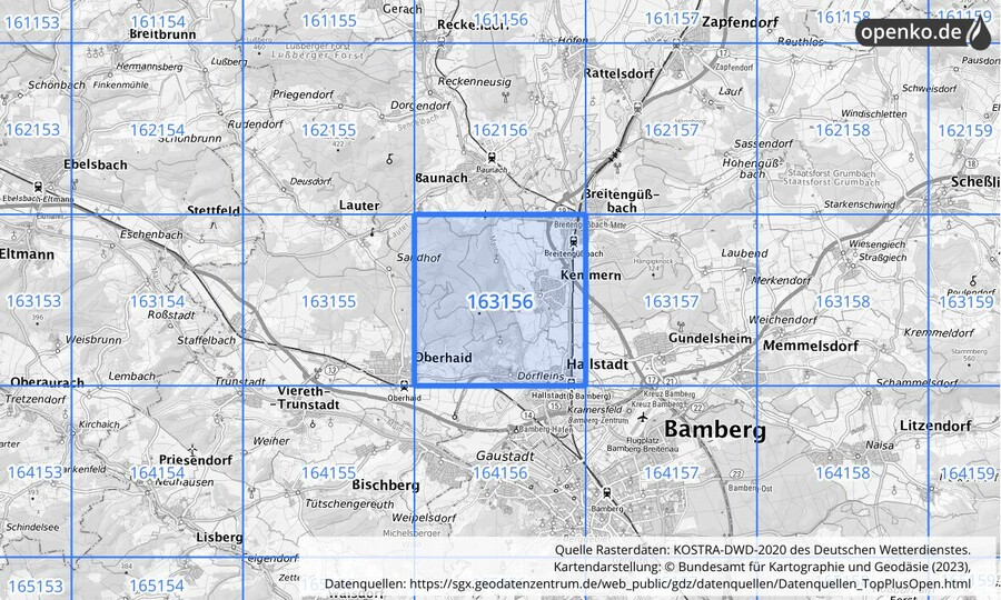 Übersichtskarte des KOSTRA-DWD-2020-Rasterfeldes Nr. 163156