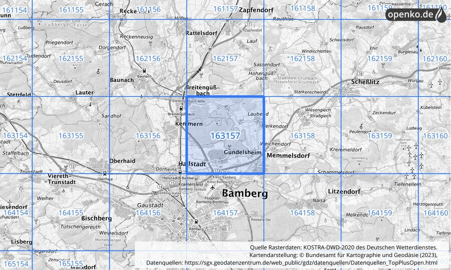 Übersichtskarte des KOSTRA-DWD-2020-Rasterfeldes Nr. 163157