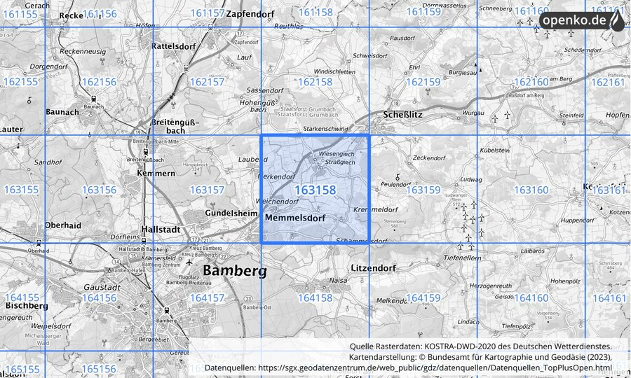 Übersichtskarte des KOSTRA-DWD-2020-Rasterfeldes Nr. 163158