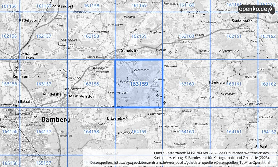 Übersichtskarte des KOSTRA-DWD-2020-Rasterfeldes Nr. 163159