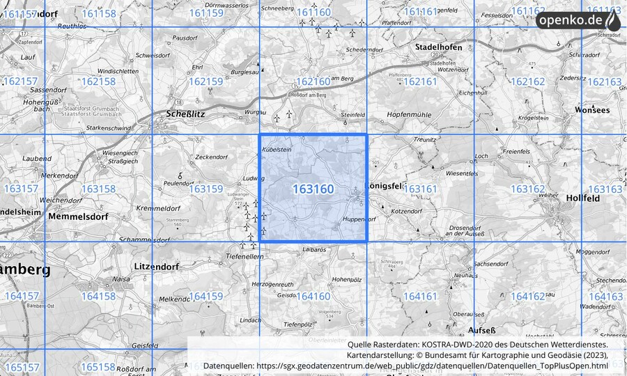 Übersichtskarte des KOSTRA-DWD-2020-Rasterfeldes Nr. 163160