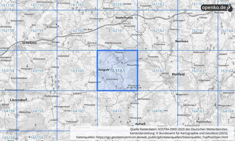 Übersichtskarte des KOSTRA-DWD-2020-Rasterfeldes Nr. 163161