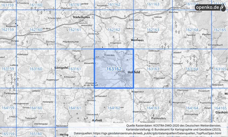 Übersichtskarte des KOSTRA-DWD-2020-Rasterfeldes Nr. 163162