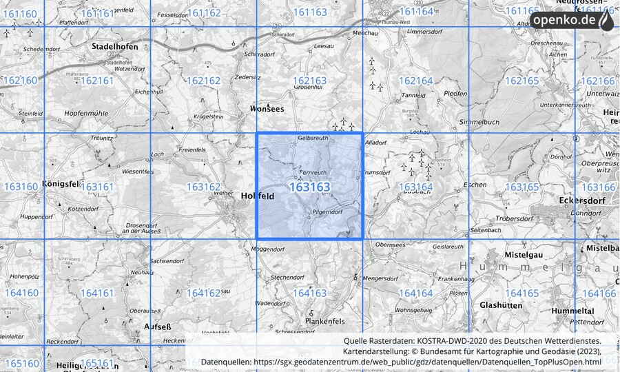 Übersichtskarte des KOSTRA-DWD-2020-Rasterfeldes Nr. 163163