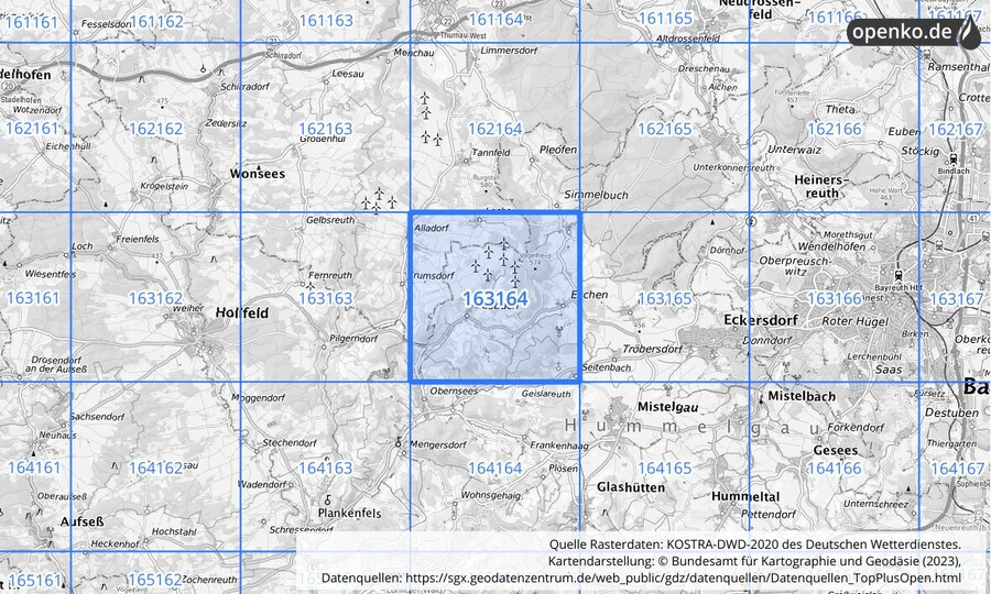 Übersichtskarte des KOSTRA-DWD-2020-Rasterfeldes Nr. 163164