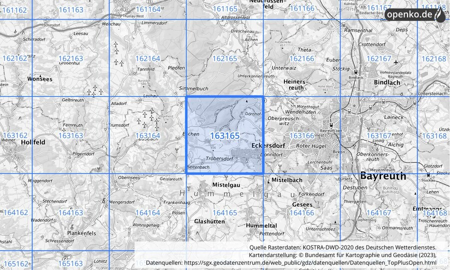 Übersichtskarte des KOSTRA-DWD-2020-Rasterfeldes Nr. 163165