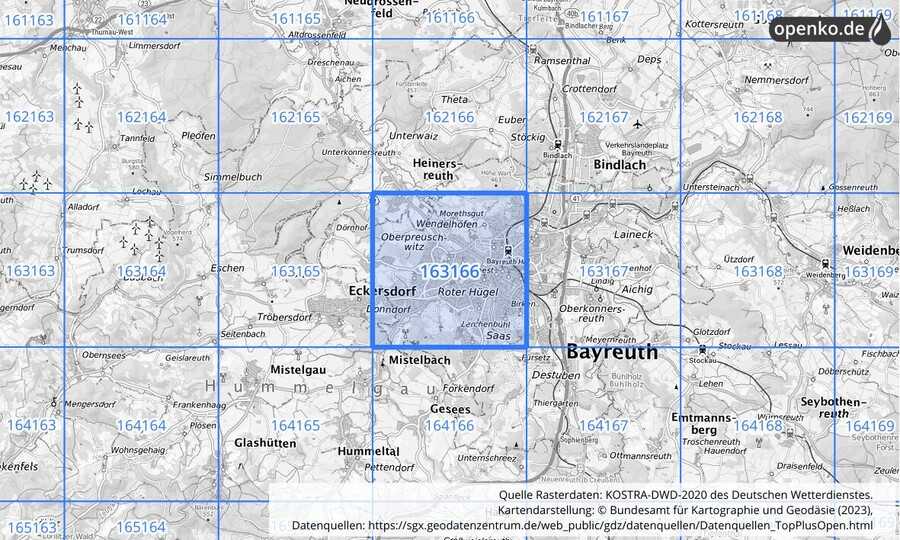 Übersichtskarte des KOSTRA-DWD-2020-Rasterfeldes Nr. 163166