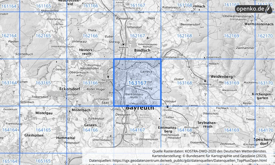 Übersichtskarte des KOSTRA-DWD-2020-Rasterfeldes Nr. 163167