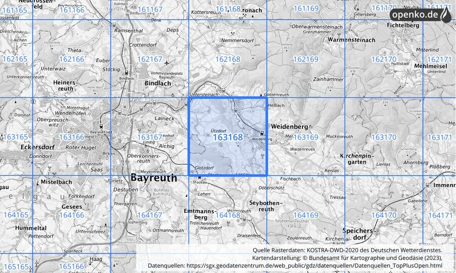 Übersichtskarte des KOSTRA-DWD-2020-Rasterfeldes Nr. 163168