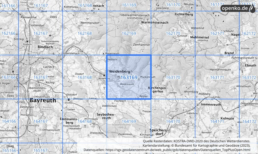 Übersichtskarte des KOSTRA-DWD-2020-Rasterfeldes Nr. 163169