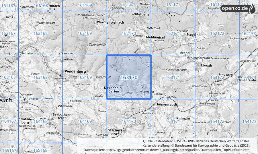 Übersichtskarte des KOSTRA-DWD-2020-Rasterfeldes Nr. 163170