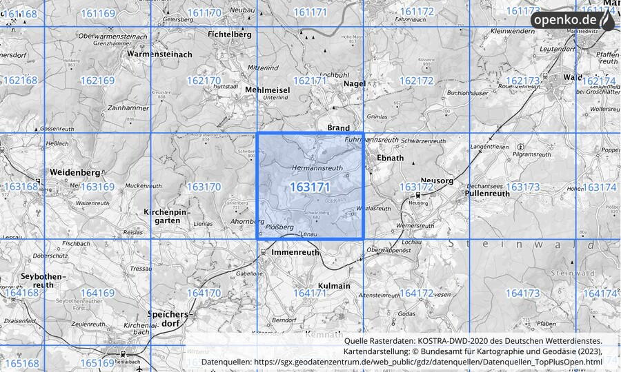 Übersichtskarte des KOSTRA-DWD-2020-Rasterfeldes Nr. 163171