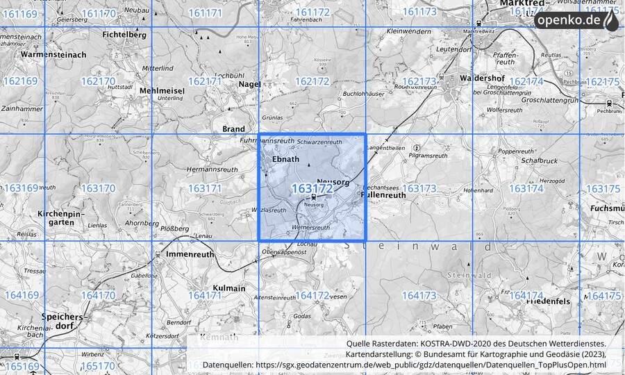 Übersichtskarte des KOSTRA-DWD-2020-Rasterfeldes Nr. 163172