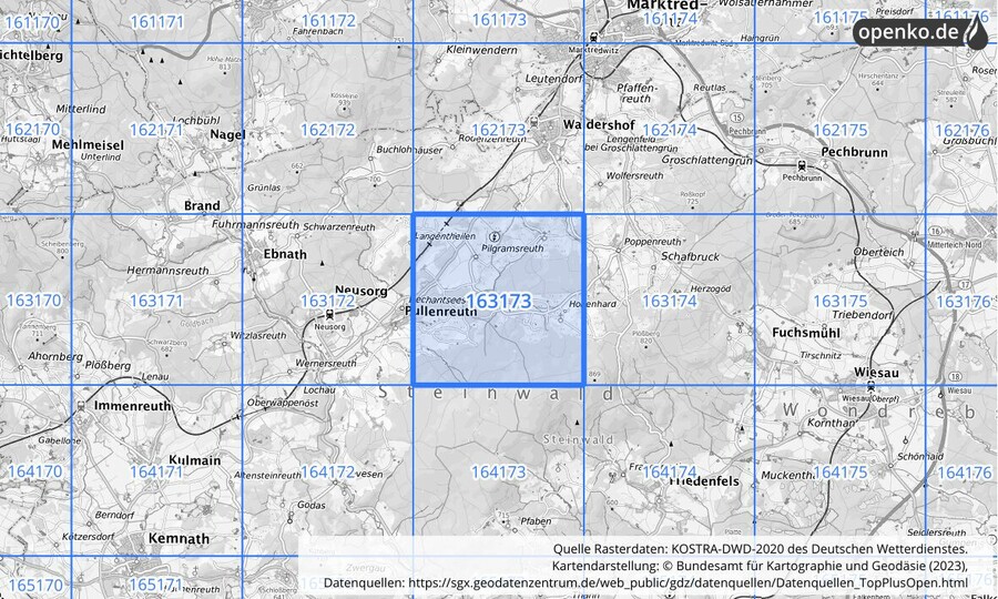Übersichtskarte des KOSTRA-DWD-2020-Rasterfeldes Nr. 163173
