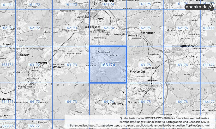 Übersichtskarte des KOSTRA-DWD-2020-Rasterfeldes Nr. 163174