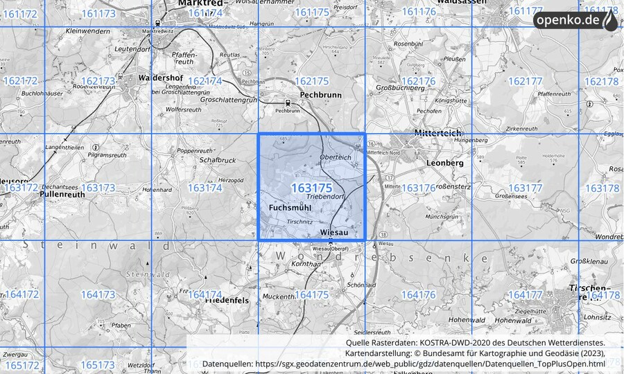 Übersichtskarte des KOSTRA-DWD-2020-Rasterfeldes Nr. 163175