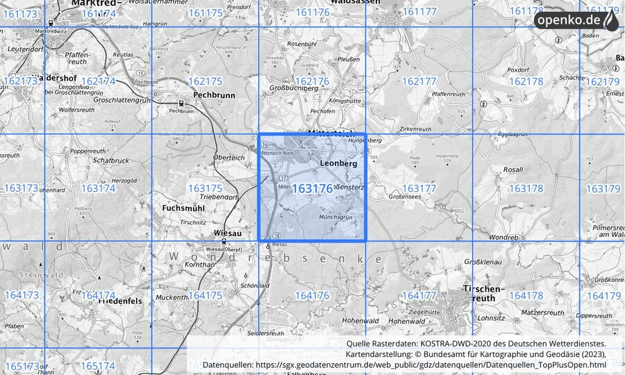 Übersichtskarte des KOSTRA-DWD-2020-Rasterfeldes Nr. 163176