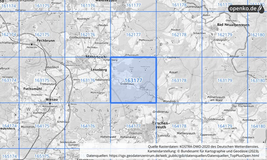 Übersichtskarte des KOSTRA-DWD-2020-Rasterfeldes Nr. 163177