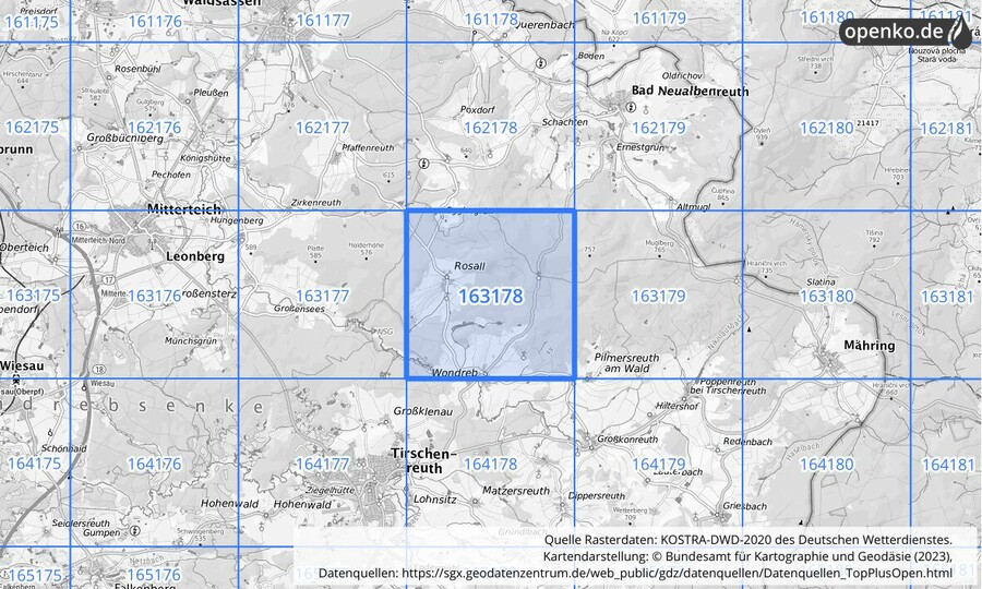 Übersichtskarte des KOSTRA-DWD-2020-Rasterfeldes Nr. 163178