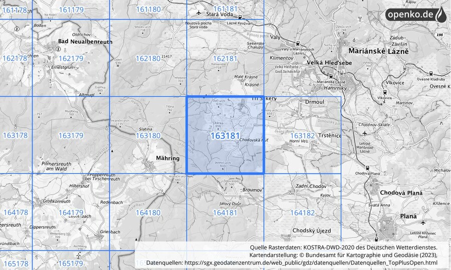 Übersichtskarte des KOSTRA-DWD-2020-Rasterfeldes Nr. 163181