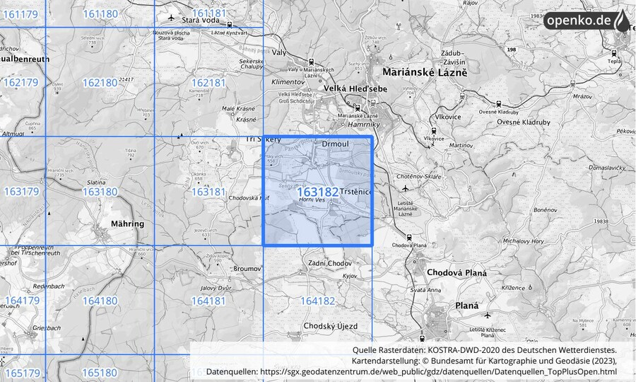 Übersichtskarte des KOSTRA-DWD-2020-Rasterfeldes Nr. 163182