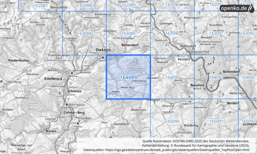 Übersichtskarte des KOSTRA-DWD-2020-Rasterfeldes Nr. 164089