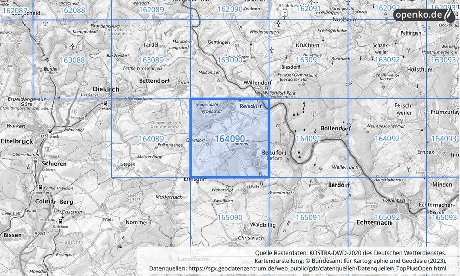 Übersichtskarte des KOSTRA-DWD-2020-Rasterfeldes Nr. 164090