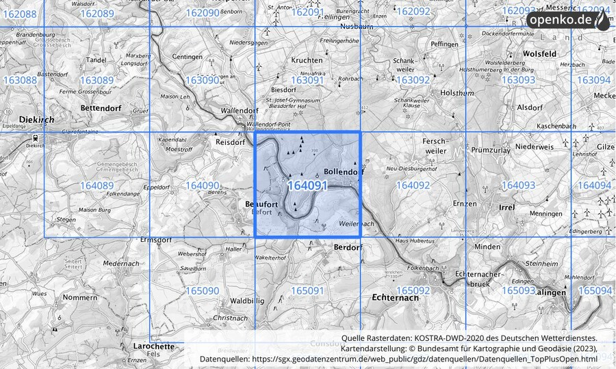 Übersichtskarte des KOSTRA-DWD-2020-Rasterfeldes Nr. 164091